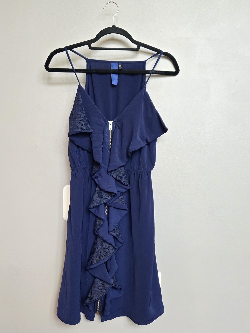 Blue Rain Navy Blue Ruffle Lace Trim Zip Front Mini Dress - Size Medium